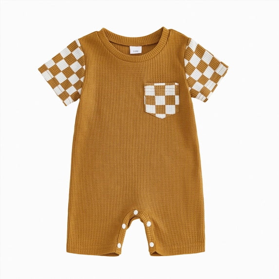 CAICJ98 Newborn Baby Boy Girl Clothes Checkered Plaid Romper Jumpsuit Short Sleeve One-Piece Bodysuit Infant Summer Outfit (Brown,12-18 Months)