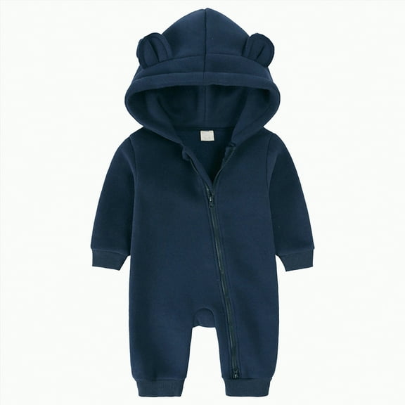 CAICJ98 Newborn Baby Boy Girl Romper Fleece Onesie Jumpsuit Infant Warm Hooded Outerwear Jackets & Coats Fall Winter Outfits (Dark Blue,3-6 Months)