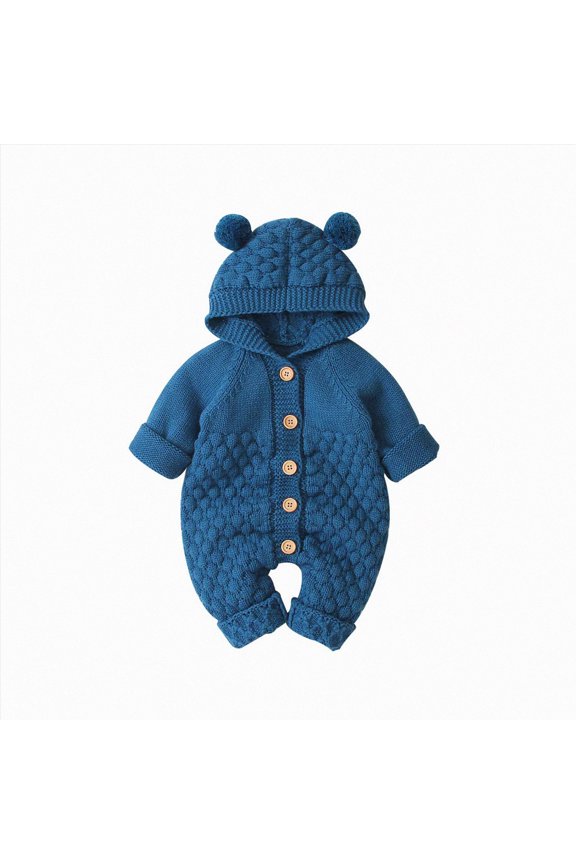 Newborn Baby Boy Girl Winter Clothes Knitted Sweater for Baby Boy Girl Warm Romper with Hood Crewneck Solid Color Jumpsuit Infant Fall Outfit (Dark Blue,6-12 Months)