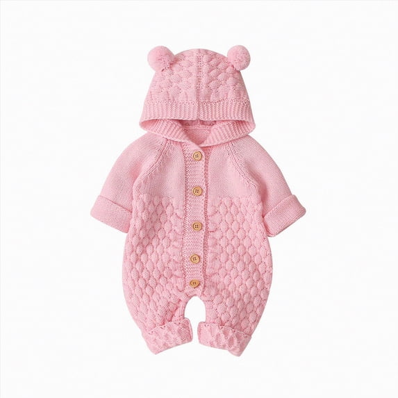 CAICJ98 Newborn Baby Boy Girl Winter Clothes Knitted Sweater for Baby Boy Girl Warm Romper with Hood Crewneck Solid Color Jumpsuit Infant Fall Outfit (Pink,3-6 Months)