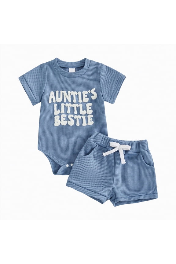 Newborn Baby Boy Summer Clothes Auntie's Little Bestie Short Sleeve Romper Shorts Set Infant Waffle Knit Outfit (Blue,3-6 Months)