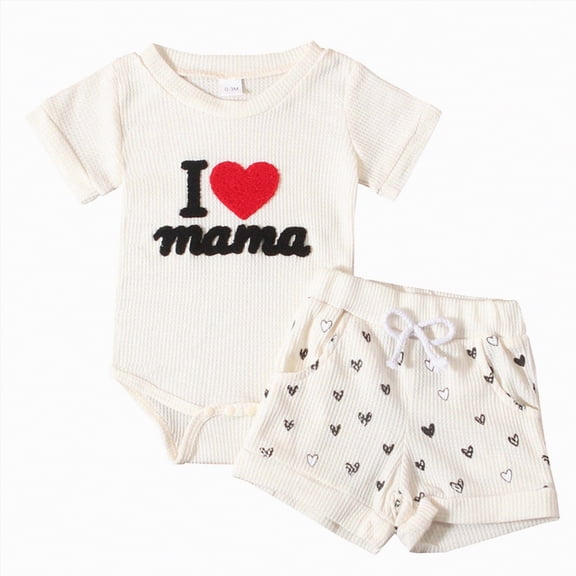CAICJ98 Newborn Baby Boy Summer Clothes I Love mama Letter Print Short Sleeve Romper Shorts Set Infant Waffle Knit Outfit (White,0-3 Months)
