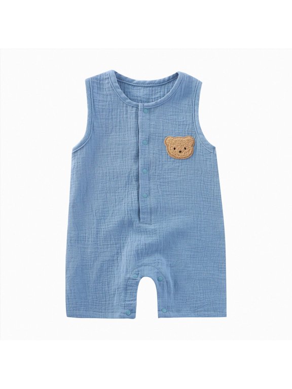 Newborn Baby Boys Sleeveless Seersucker Romper One Piece Straps Overalls Striped Jumpsuit Summer Smocked Clothes Romper Baby Boy (Blue,6-12 Months)