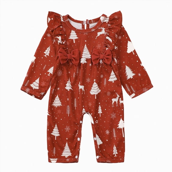 CAICJ98 Newborn Baby Girl Christmas Outfit Waffle Knit Jumpsuit Romper Ruffle Bodysuit Long Overalls with Bow