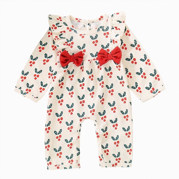 CAICJ98 Newborn Baby Girl Christmas Outfit Waffle Knit Jumpsuit Romper Ruffle Bodysuit Long Overalls with Bow