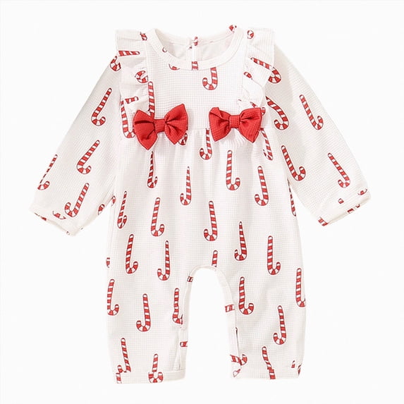 CAICJ98 Newborn Baby Girl Christmas Outfit Waffle Knit Santa Candy Jumpsuit Romper Ruffle Bodysuit Long Overalls with Bow,Size 6-9 Months