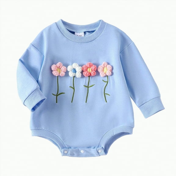 CAICJ98 Newborn Baby Girl Clothes 3D Floral Long Sleeve Sweatshirt Romper Onesie Bodysuit Fall Winter Infant Outfits (Blue,12-18 Months)