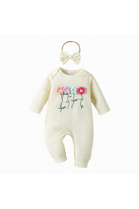 Newborn Baby Girl Clothes 3D Floral Long Sleeve Sweatshirt Romper Onesie Fall Winter Infant Outfits Baby Jumpsuit (Beige,6-9 Months)