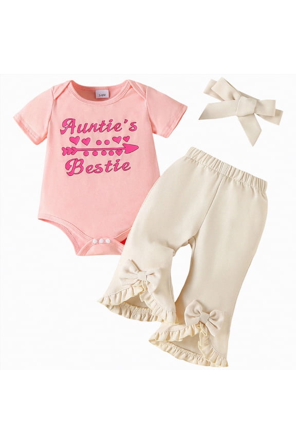 Newborn Baby Girl Clothes Auntie's Bestie Romper Short Sleeve Tshirt Pants Headband Summer Spring Infant Clothes (Pink,6-9 Months)