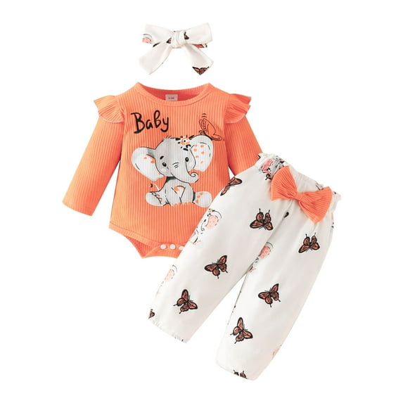 CAICJ98 Newborn Baby Girl Clothes Elephant Outfit Ruffle Long Sleeve Ribbed Romper Top Cute Bow Pants Set with Headband Orange,Size 3-6 Months
