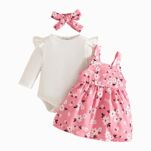 CAICJ98 Newborn Baby Girl Clothes Fall Winter Outfit Ruffle Long Sleeve Floral Ribbed Romper Suspender Skirts Set 0 3 6 12 18 Months Clothes for Baby Girl (Pink,0-3 Months)