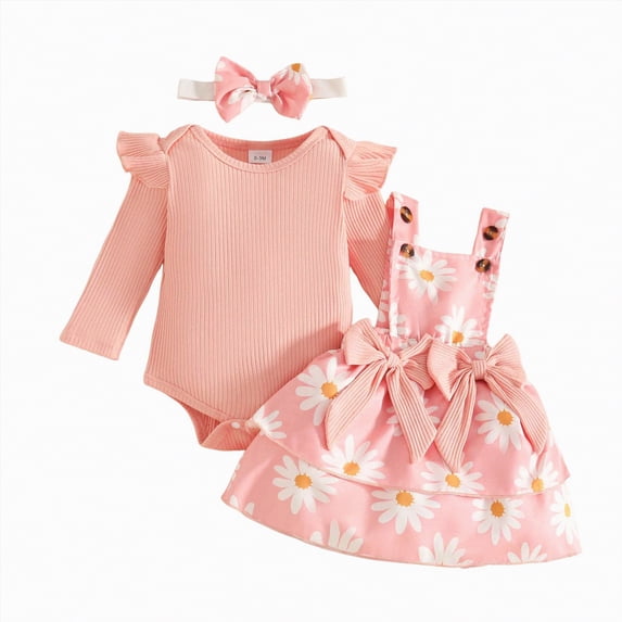 CAICJ98 Newborn Baby Girl Clothes Fall Winter Overall Dress Outfits Long Sleeve Ribbed Romper Top Infant Skirt Set (Red,3-6 Months)