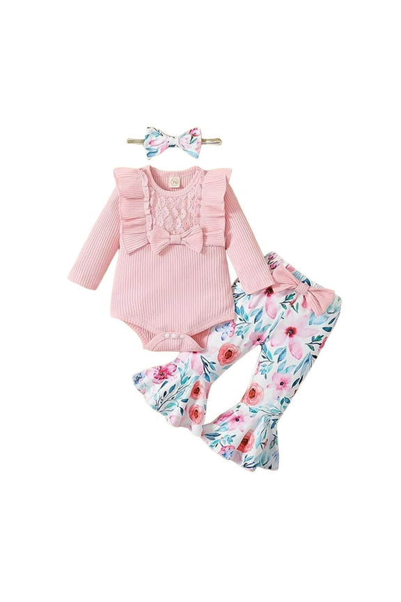 Newborn Baby Girl Clothes Infant Long Sleeve Romper Flared Pants Headband Set 3pcs Fall Winter Outfits Red,Size 12-18 Months