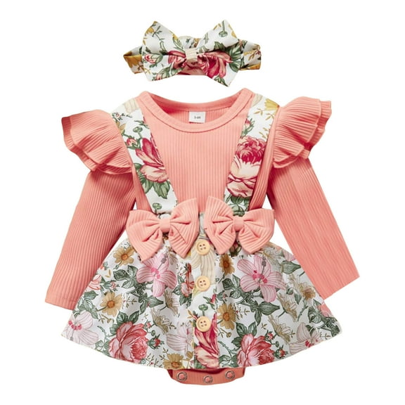 CAICJ98 Newborn Baby Girl Clothes Infant Romper Floral Suspender Dress Ruffle Long Sleeve Onesie Outfit Jumpsuit Headband Fall Winter Pink,Size 12-18 Months