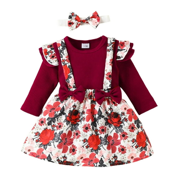 CAICJ98 Newborn Baby Girl Clothes Infant Romper Floral Suspender Dress Ruffle Long Sleeve Onesie Outfit Jumpsuit Headband Fall Winter Red,Size 0-3 Months