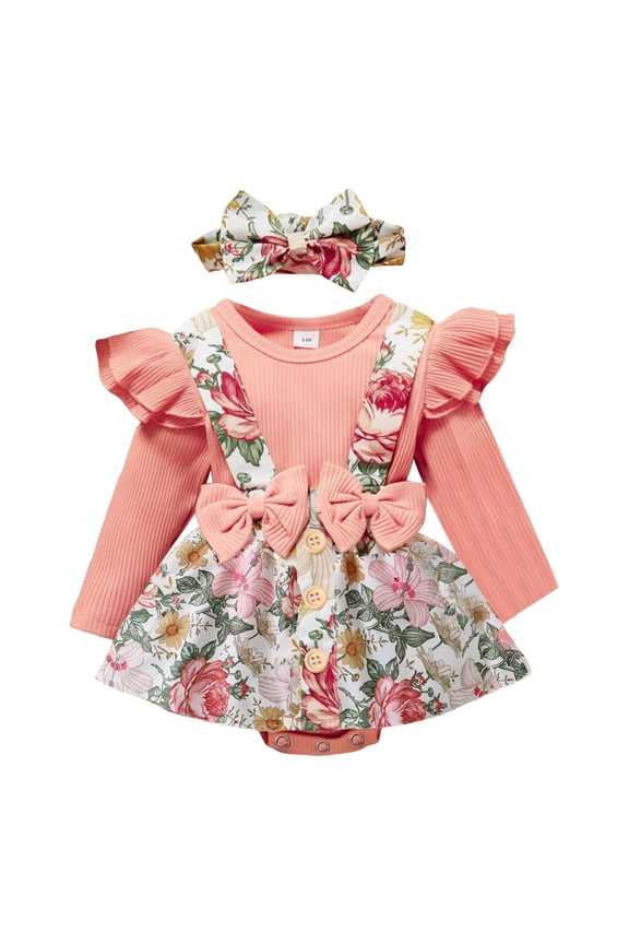 Newborn Baby Girl Clothes Romper Suspender Dress Fall Winter Outfits Ruffle Long Sleeve Jumpsuit Pink,Size 0-3 Months