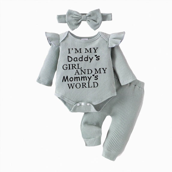 CAICJ98 Newborn Baby Girl Clothes Ruffle Long Sleeve Letter Print Romper Pants Headband Set Fall Winter Outfits