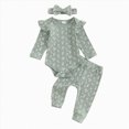 thumbnail image 1 of CAICJ98 Newborn Baby Girl Clothes Ruffle Long Sleeve Ribbed Romper+Pants+Headband Set Infant Fall Winter Spring Outfit (Green,6-9 Months), 1 of 4
