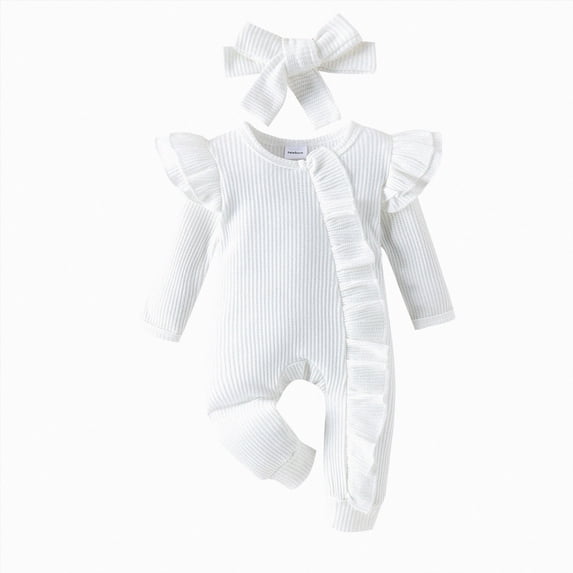 CAICJ98 Newborn Baby Girl Clothes Ruffle Romper Knit Sweater Onesie Zipper Footie Jumpsuit Long Sleeve Romper Solid Fall Winter Outfits with Headband,Size Newborn