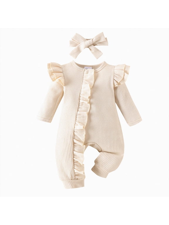 Newborn Baby Girl Clothes Ruffle Romper Knit Sweater Onesie Zipper Footie Jumpsuit Long Sleeve Romper Solid Fall Winter Outfits with Headband,Size Newborn