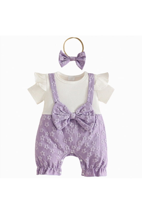 Newborn Baby Girl Clothes Ruffle Short Sleeve Bow Jumpsuit Corduroy Floral Romper+Headband Cute Summer One Piece Outfit (Purple,12-18 Months)