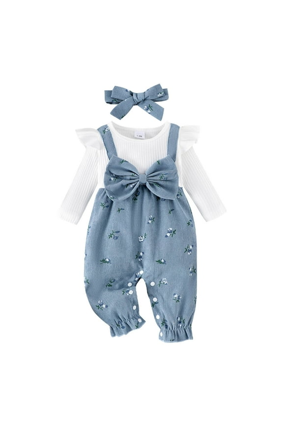 Newborn Baby Girl Clothes Ruffle Sleeve Jumpsuit Corduroy Floral Romper+Headband Cute Fall Winter One Piece Outfit Blue,Size 3-6 Months