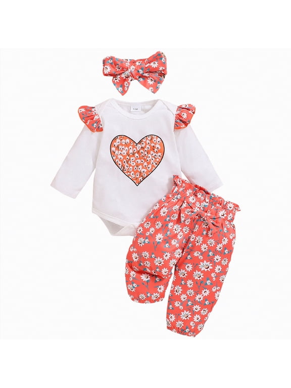 Newborn Baby Girl Clothes Soft Cotton Infant Outfits Ruffles Sleeve Heart Romper & Pants Set Cute Fall Home Outing (White,3-6 Months)