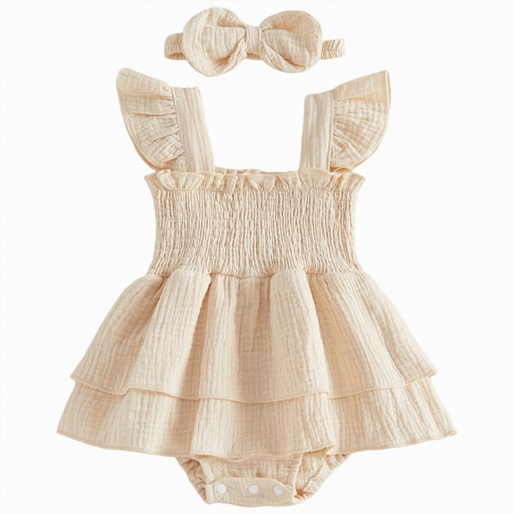 CAICJ98 Newborn Baby Girl Clothes Summer Smocked Romper Dress Ruffle Sleeve Jumpsuit And Headband Outfit Cute Baby Girl Clothing (Beige,3-6 Months)