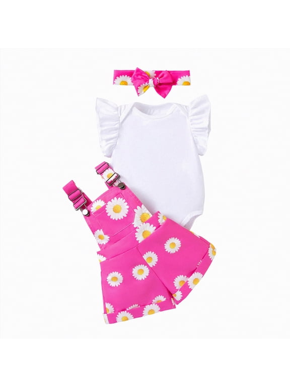 Newborn Baby Girl Clothes Summer Spring Outfit Ruffle Sleeve Romper Floral Suspender Overalls Shorts Set (Hot Pink,12-18 Months)