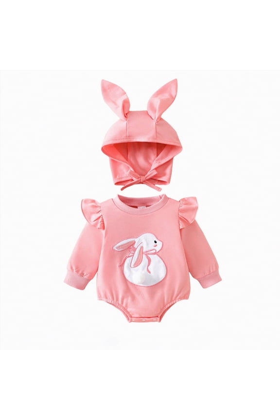 Newborn Baby Girl Easter Outfit Bunny Bubble Romper Sweatshirt with Hat Infant Long Sleeve Onesie Fall Spring Clothes (Pink,12-18 Months)