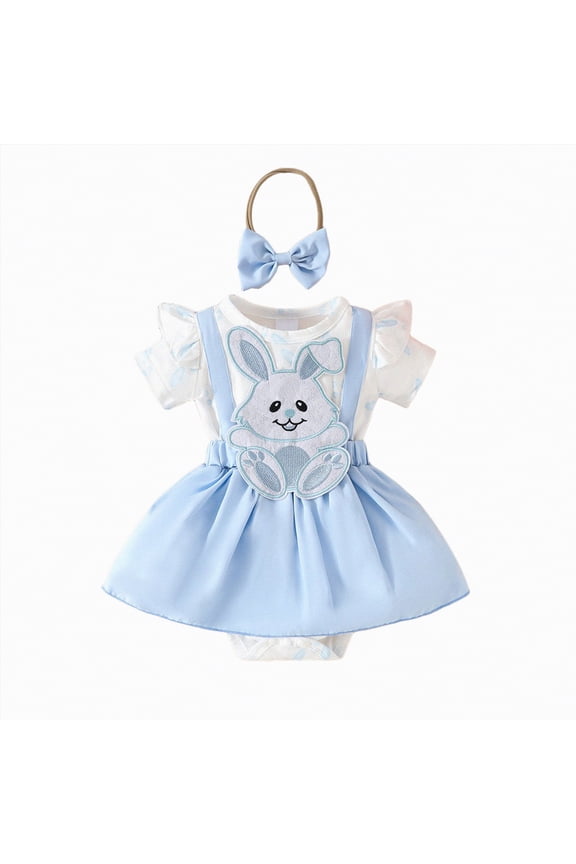Newborn Baby Girl Easter Outfit Bunny Infant Ruffle Short Sleeve Romper Dress Tutu Skirt Bodysuit with Headband Summer Spring Clothes (Light Blue,12-18 Months)