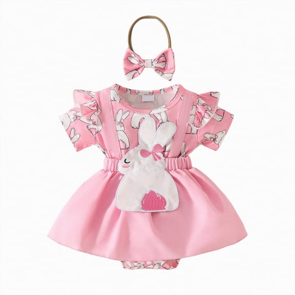 CAICJ98 Newborn Baby Girl Easter Outfit Bunny Infant Ruffle Short Sleeve Romper Dress Tutu Skirt Bodysuit with Headband Summer Spring Clothes (Pink,0-3 Months)
