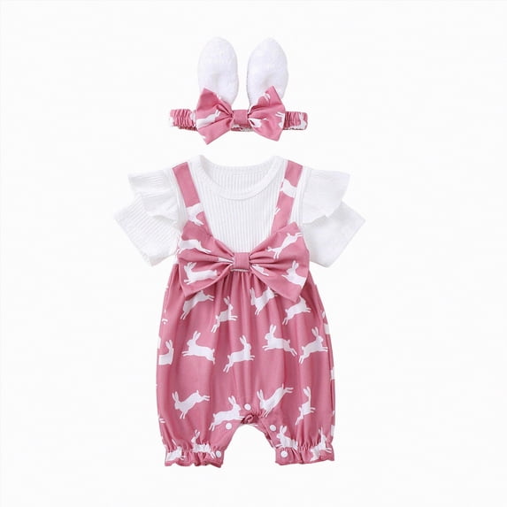 CAICJ98 Newborn Baby Girl Easter Outfit Bunny Short Sleeve Bubble BunnyRomper Bow Shorts Jumpsuit Infant Summer Clothes (Pink,3-6 Months)