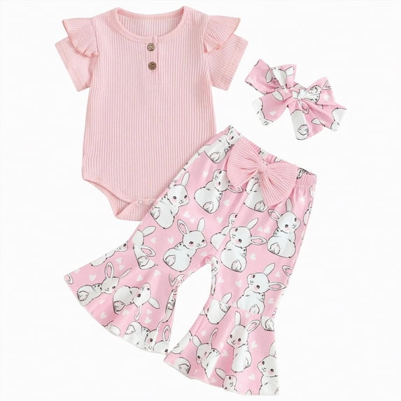 CAICJ98 Newborn Baby Girl Easter Outfit Short Sleeve Ribbed Romper Bunny Flare Pants Headband 3Pcs Set Infant Cute Clothes (Pink,9-12 Months)