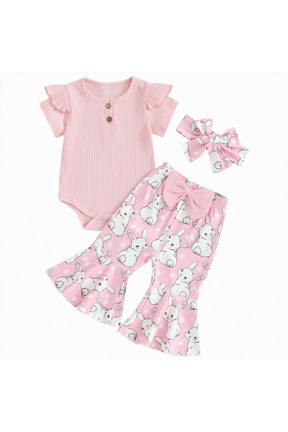 Newborn Baby Girl Easter Outfit Short Sleeve Ribbed Romper Bunny Flare Pants Headband 3Pcs Set Infant Cute Clothes (Pink,9-12 Months)