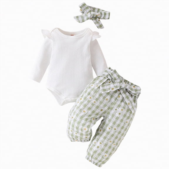 CAICJ98 Newborn Baby Girl Fall Clothes Solid Color Romper Bow Floral Plaid Print Pants Headband Sets Infant Winter Spring Outfits (Light Green,3-6 Months)