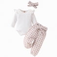 thumbnail image 1 of CAICJ98 Newborn Baby Girl Fall Clothes Solid Color Romper Bow Floral Plaid Print Pants Headband Sets Infant Winter Spring Outfits (White,0-3 Months), 1 of 7