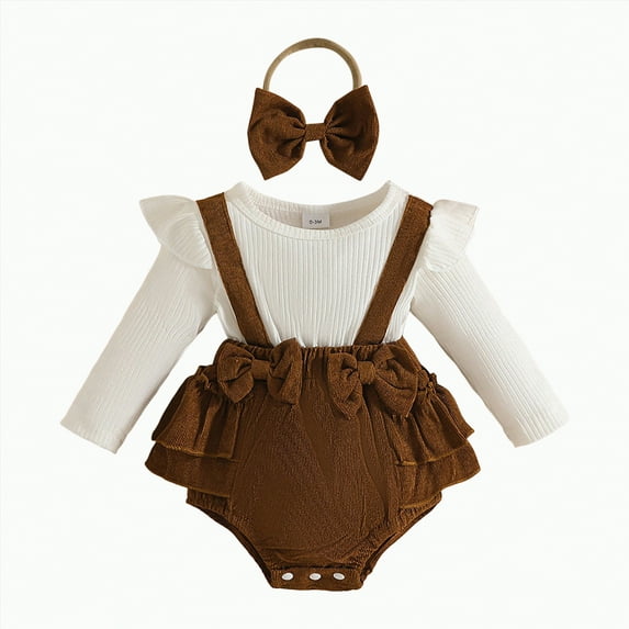CAICJ98 Newborn Baby Girl Fall Winter Outfit Infant Baby Girl Romper Ruffles Long Sleeve Clothes Jumpsuit with Bow Headband (Brown,0-3 Months)