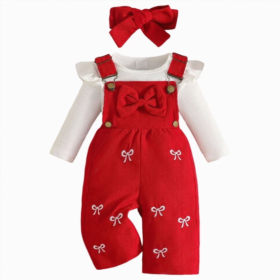 CAICJ98 Newborn Baby Girl Fall Winter Outfit Long Sleeve Ribbed Romper Suspender Overalls Pants Set Infant Cute Clothes (Red,18-24 Months)