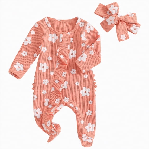CAICJ98 Newborn Baby Girl Fall Winter Outfits Clothes Knit Jumpsuit Ruffle Romper Infant Coming Home Spring Outfit for Baby Girl (Orange,3-6 Months)