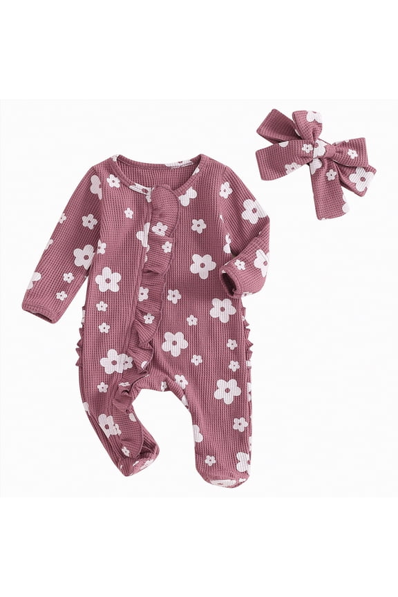 Newborn Baby Girl Fall Winter Outfits Clothes Knit Jumpsuit Ruffle Romper Infant Coming Home Spring Outfit for Baby Girl (Purple,0-3 Months)