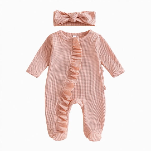 CAICJ98 Newborn Baby Girl Fall Winter Outfits Clothes Knit Jumpsuit Ruffle Romper Newborn Coming Home Baby Clothes Boy (Light Pink,0-3 Months)