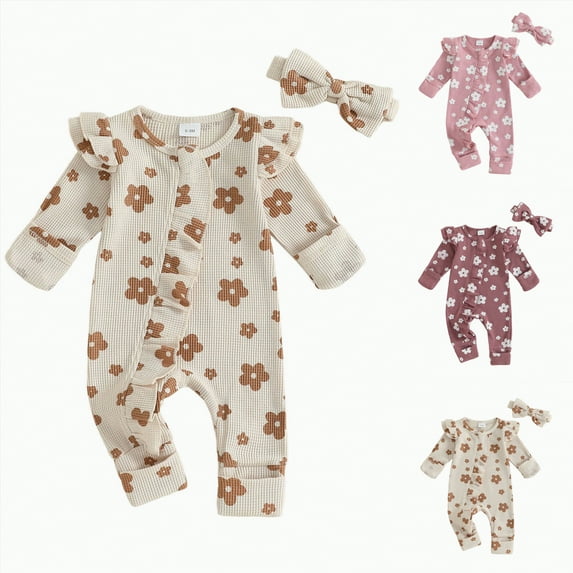 CAICJ98 Newborn Baby Girl Fall Winter Outfits Infant Clothes Knit Jumpsuit for Baby Girl Ruffle Romper Newborn Coming Home Outfit for Baby Girl (Beige,0-3 Months)