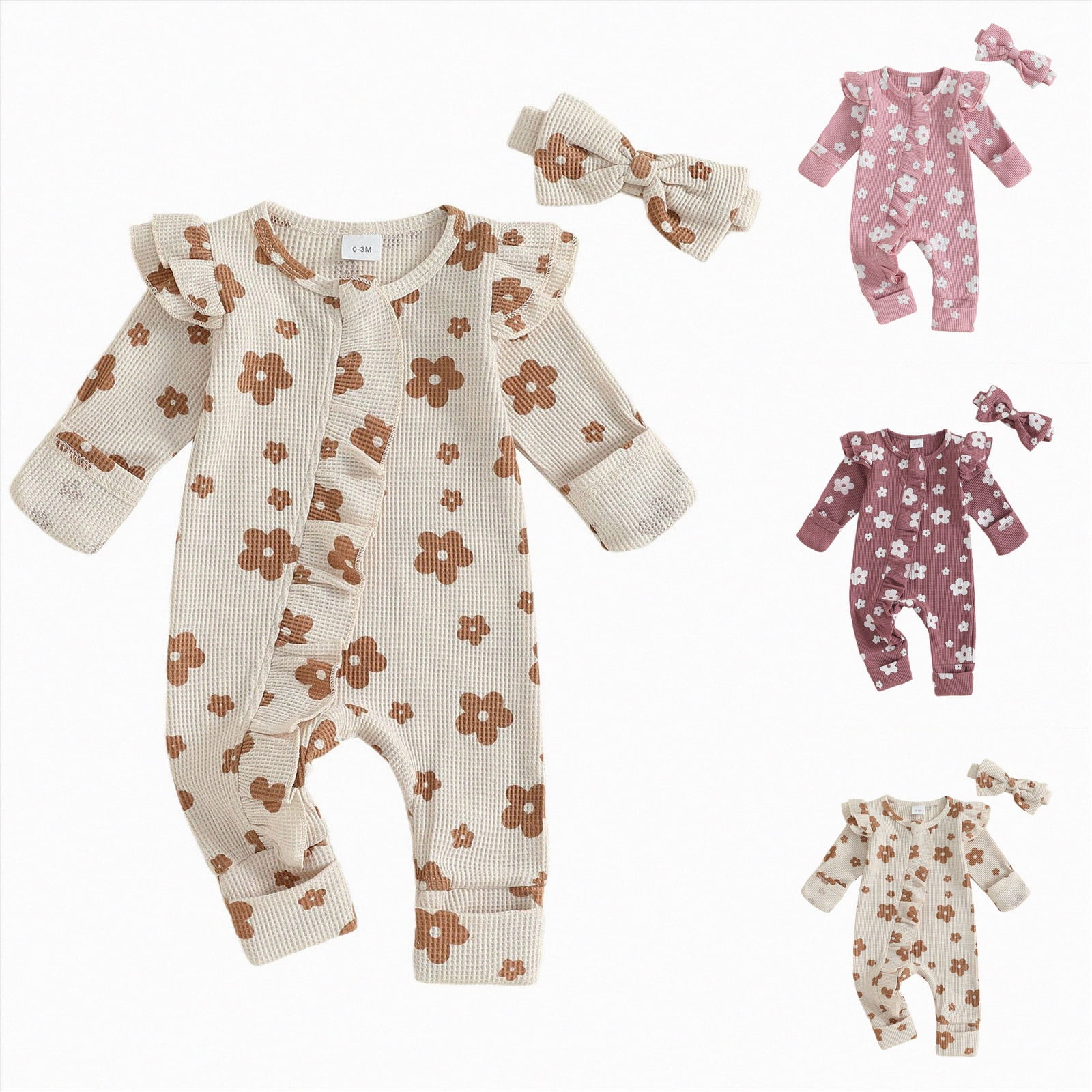 CAICJ98 Newborn Baby Girl Fall Winter Outfits Infant Clothes Knit Jumpsuit for Baby Girl Ruffle Romper Newborn Coming Home Outfit for Baby Girl (Beige,6-9 Months)