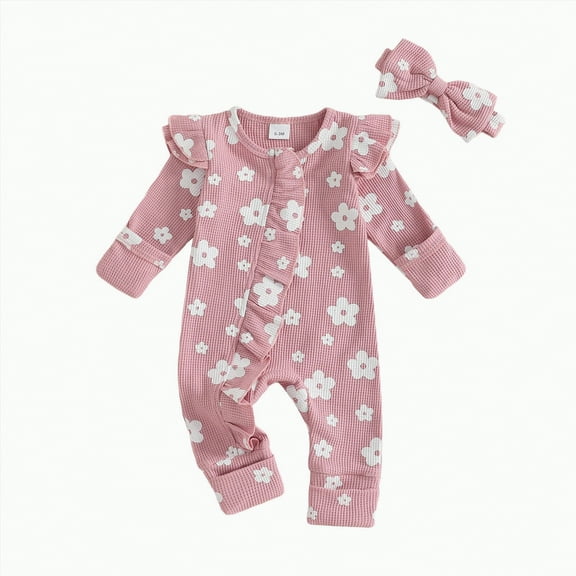 CAICJ98 Newborn Baby Girl Fall Winter Outfits Infant Clothes Knit Jumpsuit for Baby Girl Ruffle Romper Newborn Coming Home Outfit for Baby Girl (Pink,0-3 Months)