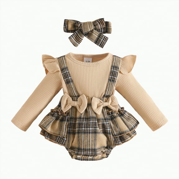 CAICJ98 Newborn Baby Girl Fall Winter Outfits Plaid Romper Suspender Dress Ruffles Long Sleeve Clothes Bodysuit Jumpsuit with Bow Headband (Brown,9-12 Months)