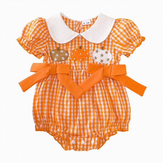 CAICJ98 Newborn Baby Girl Halloween Outfit Smocked Bubble Pumpkin Romper Bodysuit Cute Infant Girl Fall Clothes,Size 0-3 Months