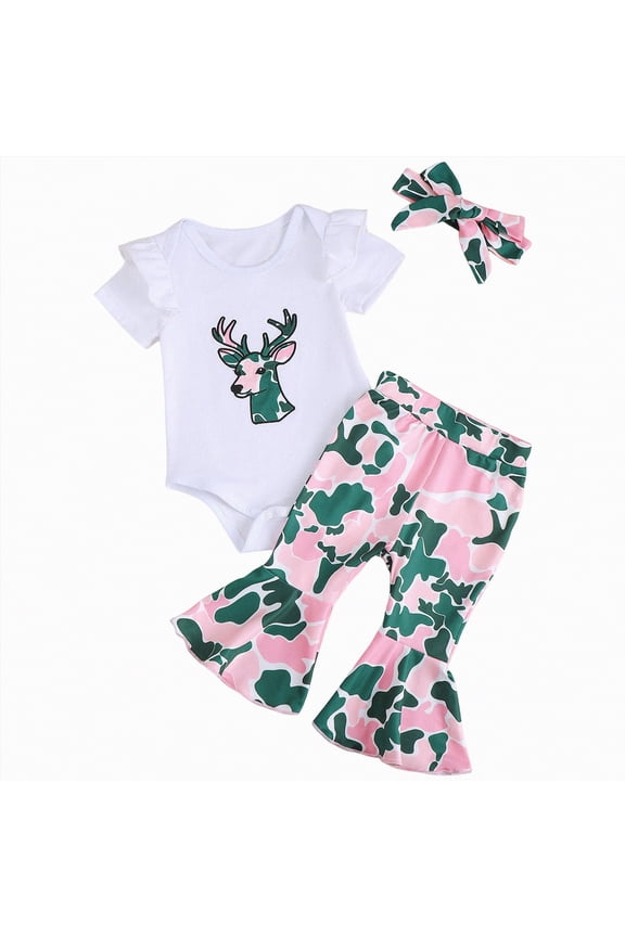 Newborn Baby Girl Hunting Clothes Deer Short Sleeve Romper Jungle Camo Flare Pants Headband Set 3 Piece Spring Fall Outfit (Green,3-6 Months)