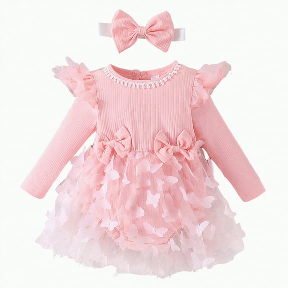CAICJ98 Newborn Baby Girl Romper Dress Fall Winter Outfits Flower Mesh Lace Ruffle Long Sleeve Romper Dress with Headband Cute Fall Winter Clothes (Pink,0-3 Months)