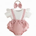 thumbnail image 1 of CAICJ98 Newborn Baby Girl Summer Clothes Infant Romper Floral Suspender Dress Ruffle Short Sleeve Onesie Spring Outfit Jumpsuit with Headband (Pink,0-3 Months), 1 of 4
